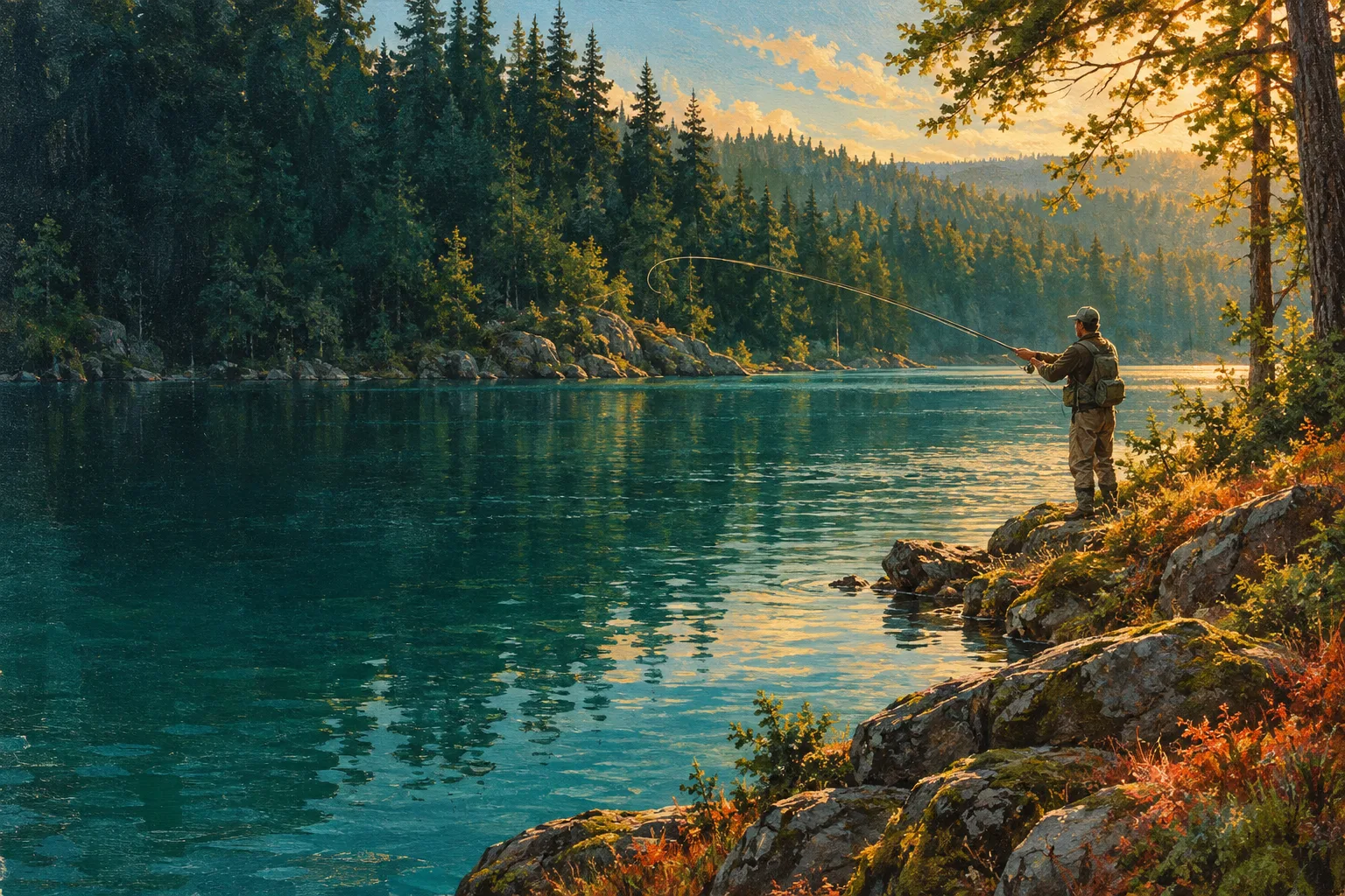 Illustration of an angler casting from a wooded shoreline across a teal lake.
